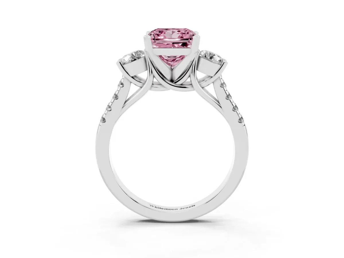 Fancy Pink Three-Stone Princess Cut Diamond Pavé Band with Four-Prong Setting Silver