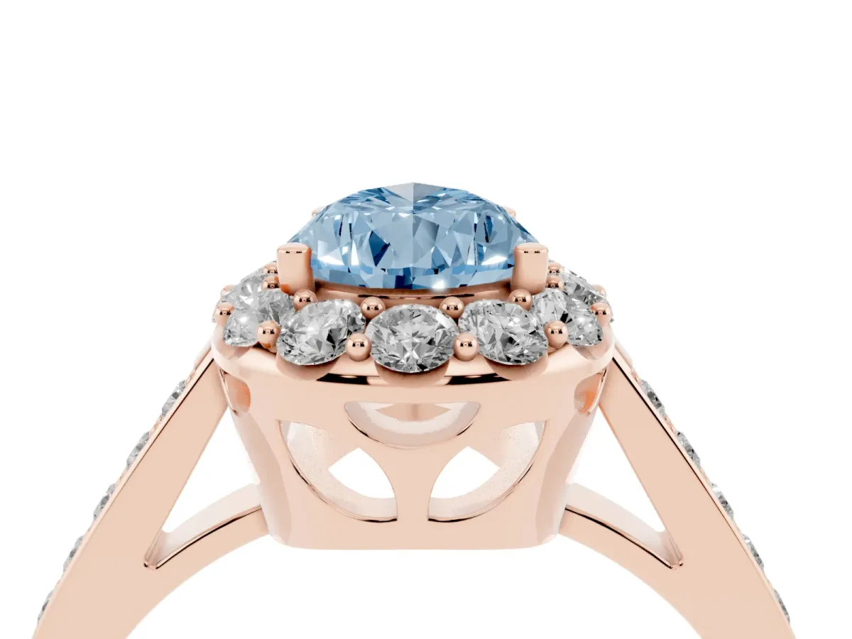Fancy Blue Pear Cut Diamond Floral Halo Ring with Pavé Band and Prong Setting Rose gold