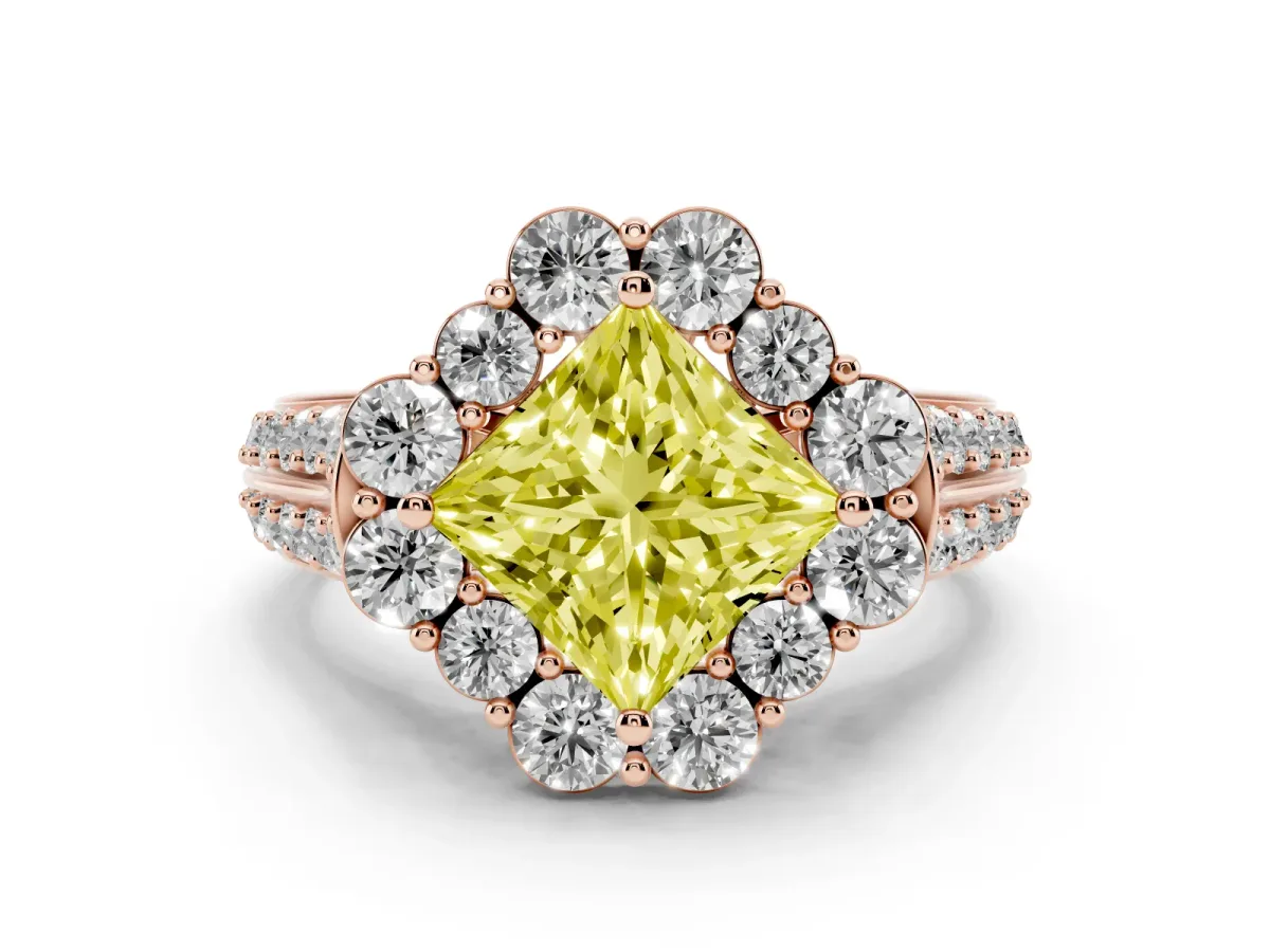 Fancy Yellow Princess Cut Halo Diamond Engagement Ring with Split Shank and Prong Setting Rose gold