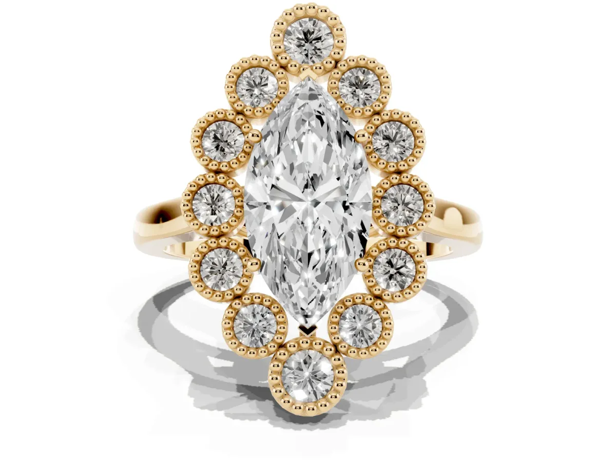 Marquise Cut Halo Diamond Cluster Engagement Ring with Milgrain Bezel Setting and Solitaire Band Yellow gold