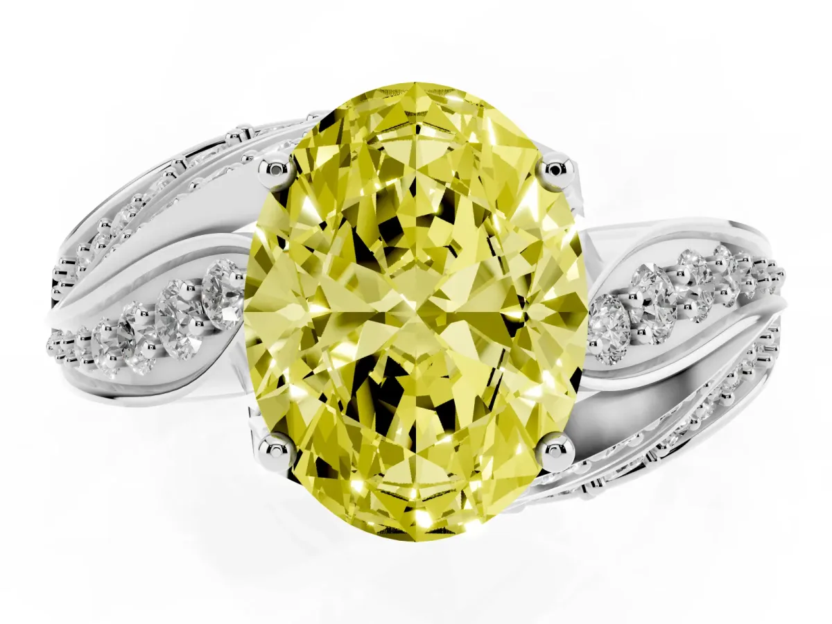 Fancy Yellow Oval Cut Diamond Solitaire Ring with Prong Setting and Twisted Pavé Band Silver