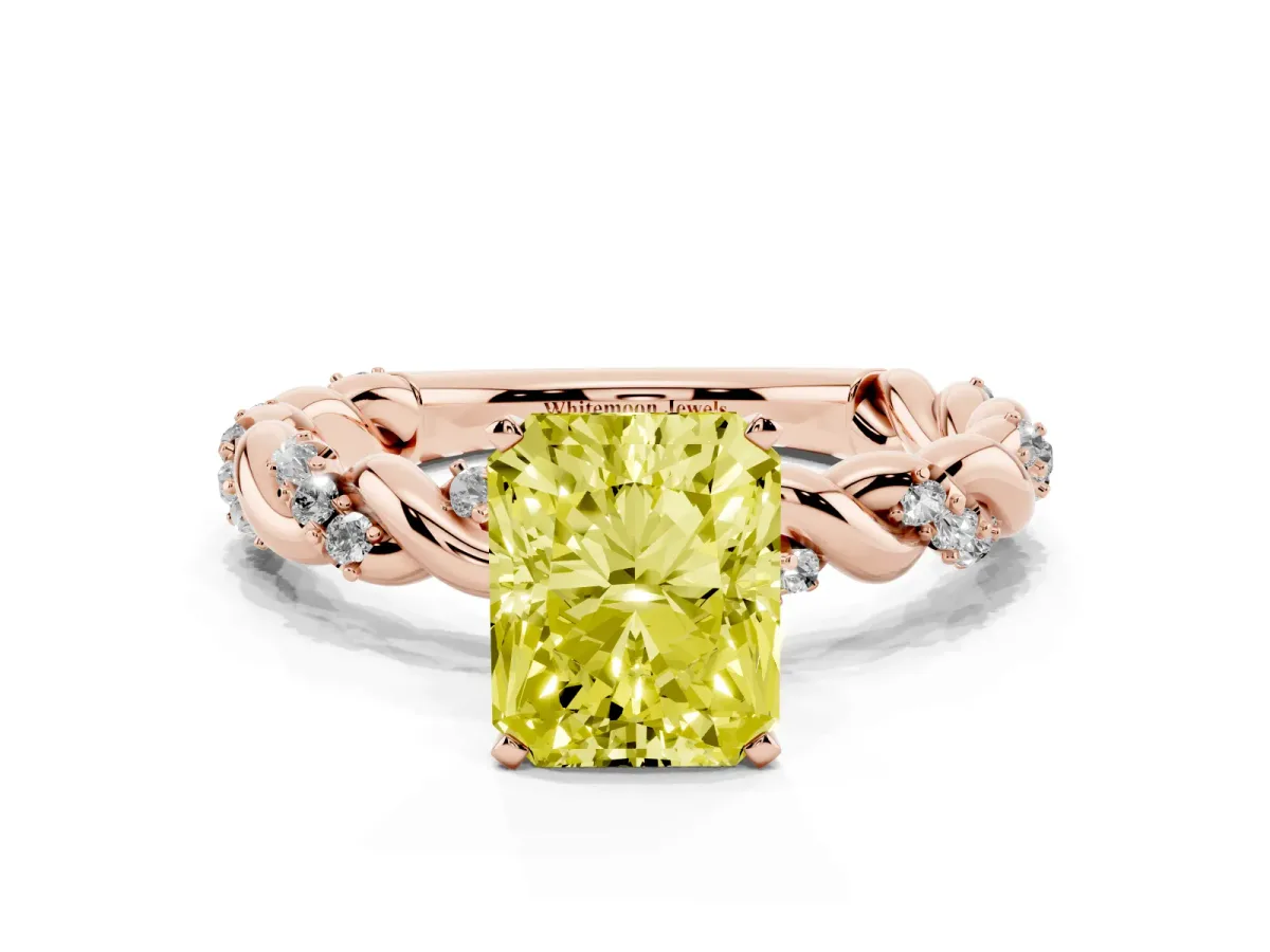 Fancy Yellow Radiant Cut Diamond Solitaire Ring with Twisted Band and Pavé Accents Rose gold