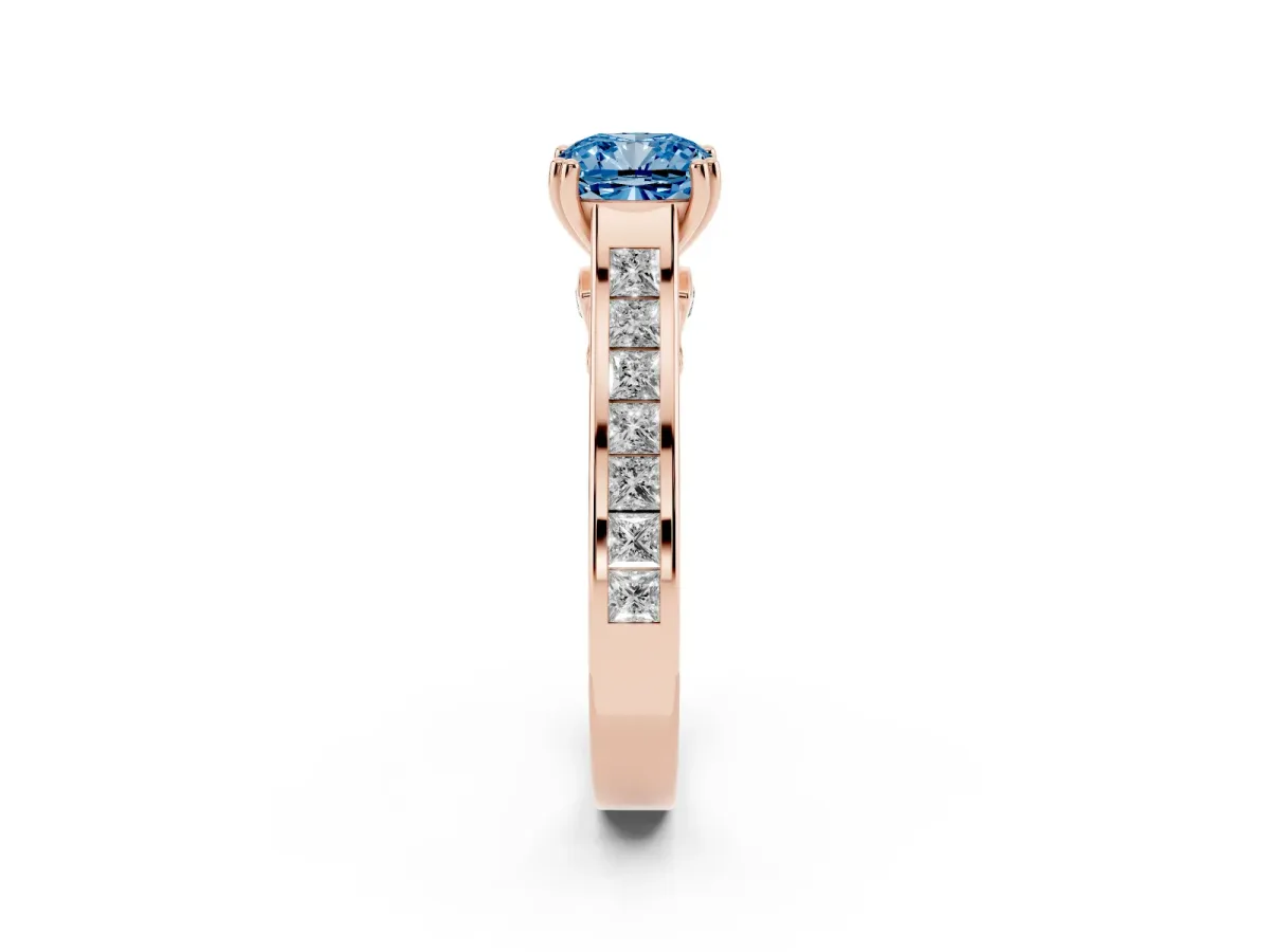Fancy Blue Cushion Cut Cut Channel Set Solitaire Engagement Ring with Prong Setting Rose gold