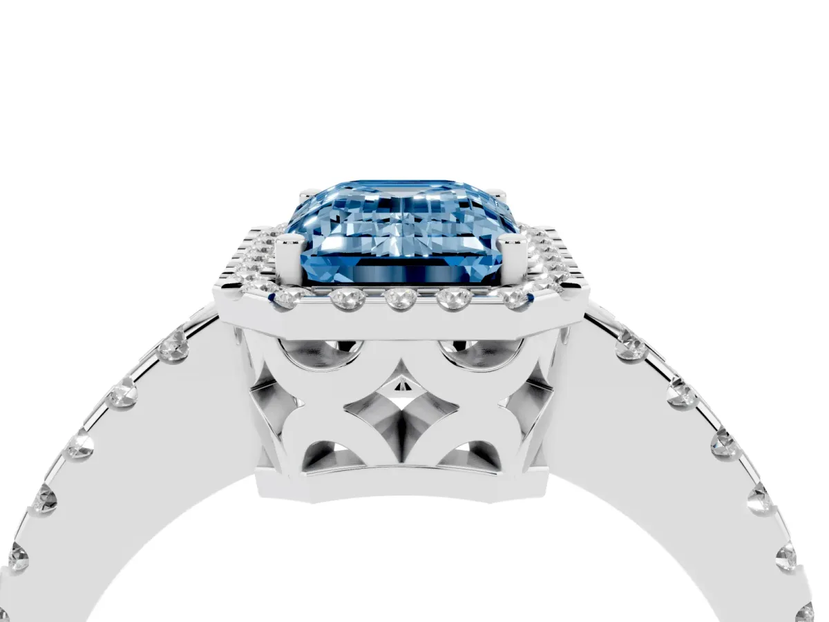 Fancy Blue Emerald Cut Diamond Halo Engagement Ring with Pavé Band and Prong Setting White gold