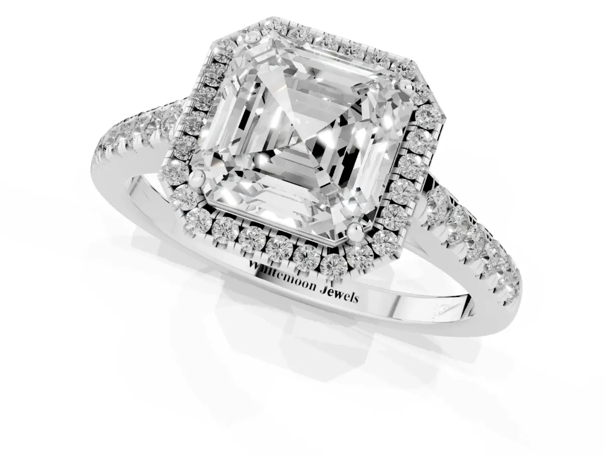 Asscher Cut Halo Pave Diamond Engagement Ring with Four-Prong Setting Silver