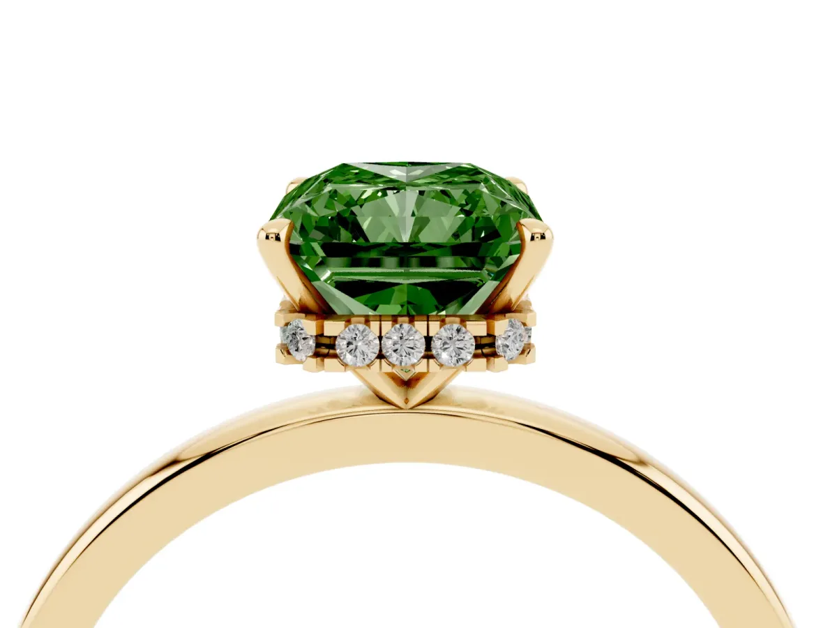 Fancy Green Radiant Cut Solitaire Engagement Ring with Cathedral Band and Four-Prong Setting Yellow gold