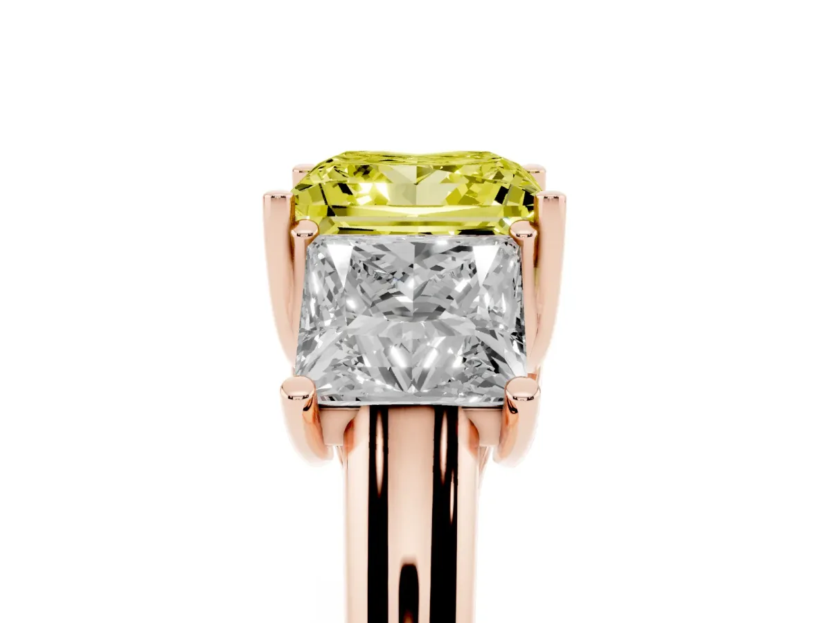 Fancy Yellow Three-Stone Princess Cut Diamond Engagement Ring with Prong Setting Rose gold