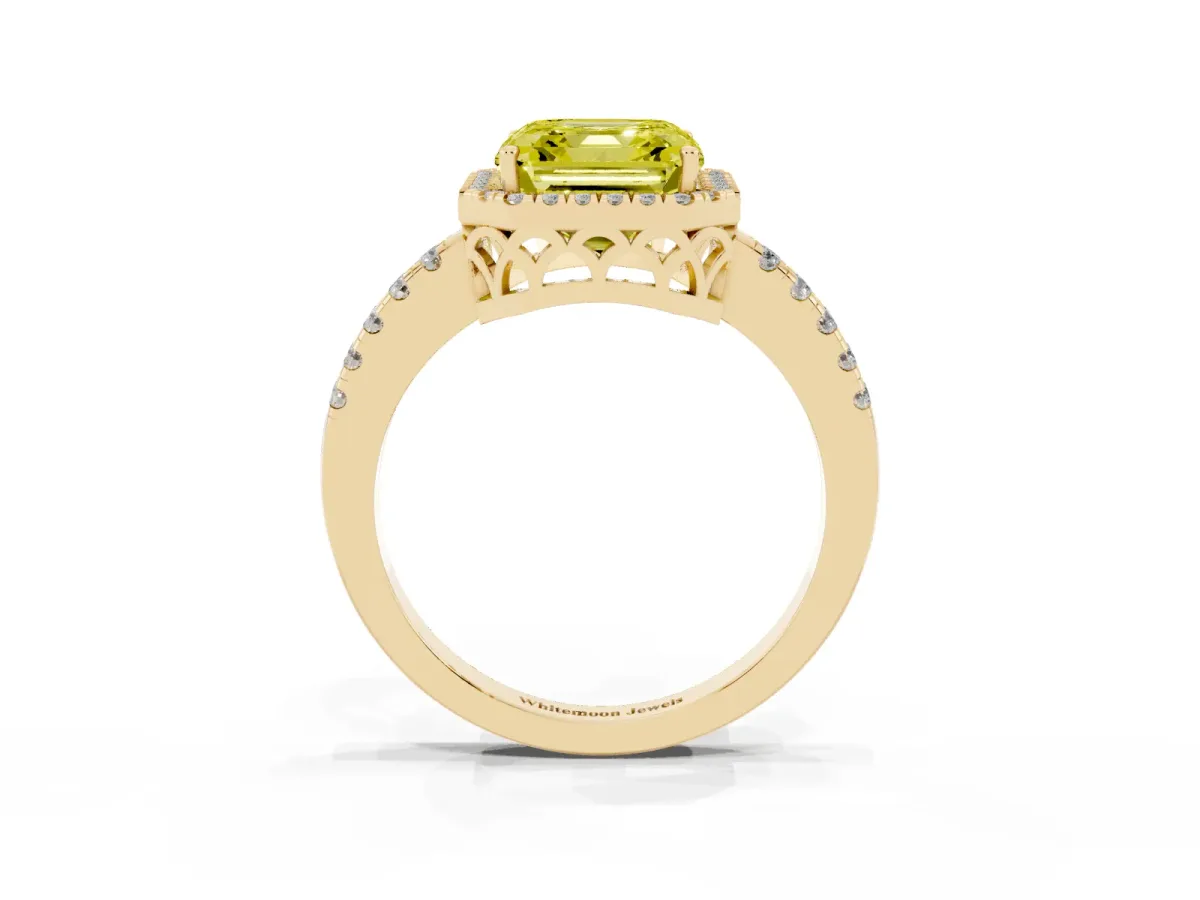 Fancy Yellow Asscher Cut Halo Diamond Engagement Ring with Pavé Band and Four-Prong Setting Yellow gold