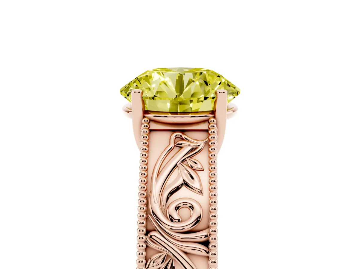 Fancy Yellow Round Cut Diamond Solitaire Ring with Engraved Band and Four-Prong Setting Rose gold