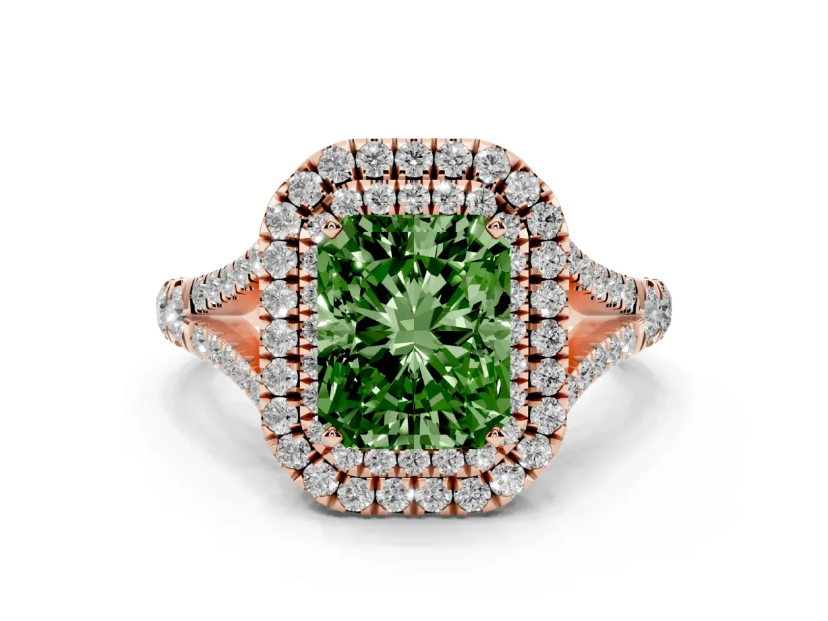 Fancy Green Radiant Cut Diamond Pavé Split Shank Double Halo Engagement Ring Rose gold