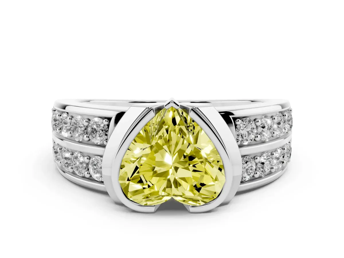 Fancy Yellow Heart Cut Brilliant Diamond Channel Set Wide Band Ring with Bezel Setting Platinum