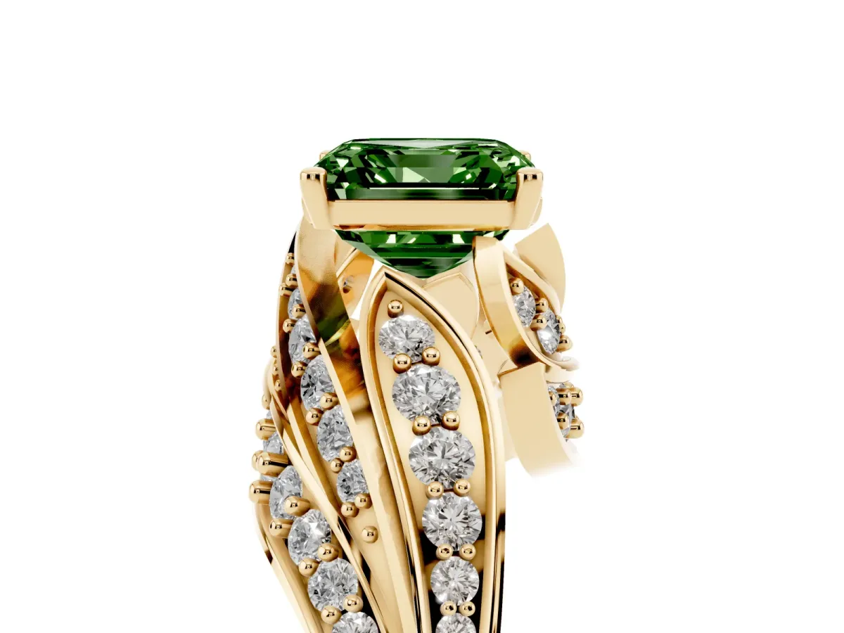 Fancy Green Asscher Cut Diamond Solitaire Ring with Prong Setting and Twisted Pavé Band Yellow gold