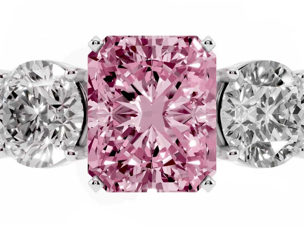 Fancy Pink Three-Stone Radiant Cut Diamond Ring with Round Side Stones, Classic Band, and Four-Prong Setting Silver