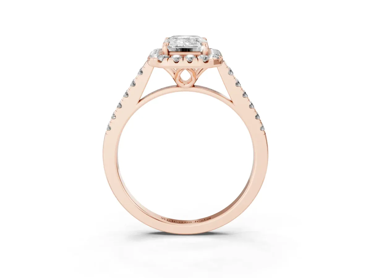 Emerald Cut Halo Pavé Diamond Engagement Ring with Four-Prong Setting Rose gold