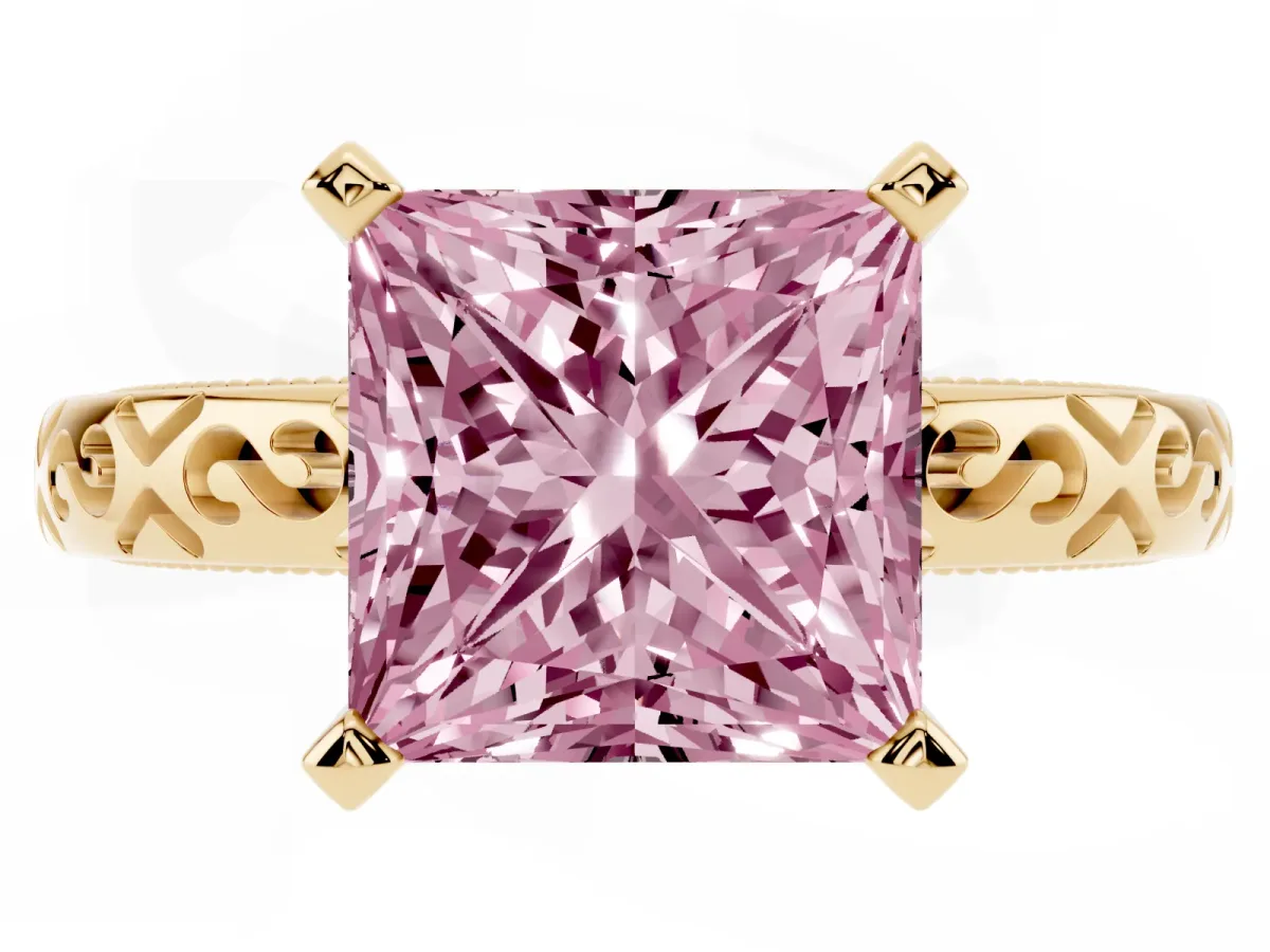Fancy Pink Princess Cut Solitaire Engagement Ring with Scrollwork Band and Four-Prong Setting Yellow gold