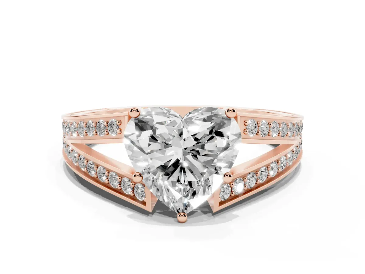 Heart Cut Diamond Split Shank Ring with Pavé Band and Four-Prong Setting Rose gold