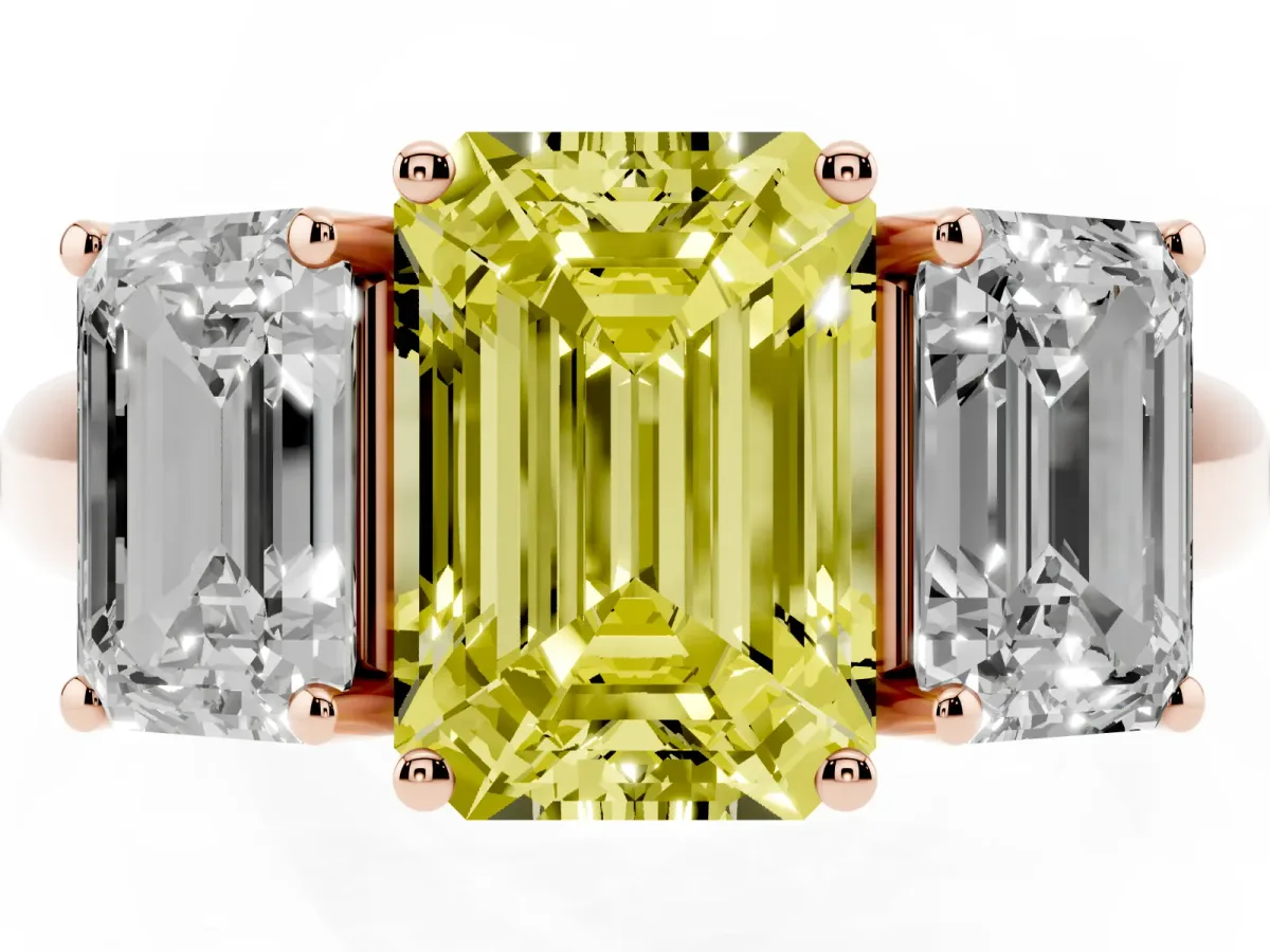Fancy Yellow Three-Stone Emerald Cut Diamond Engagement Ring with Prong Setting Rose gold