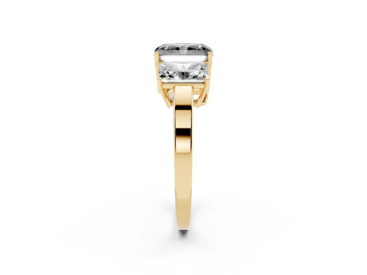 Fancy Black Three-Stone Radiant Cut Cut Diamond Engagement Ring with Flat Band and Four-Prong Setting Yellow gold