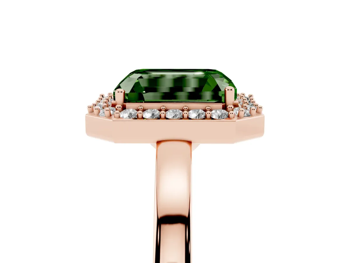 Fancy Green Radiant Cut Halo Diamond Ring with Solitaire Band and Prong Setting Rose gold