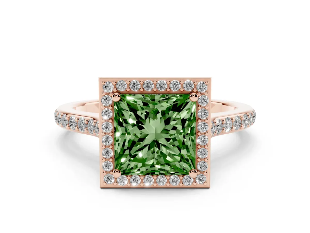 Fancy Green Princess Cut Diamond Halo Engagement Ring with Round Pavé Shoulders and Prong Setting Rose gold