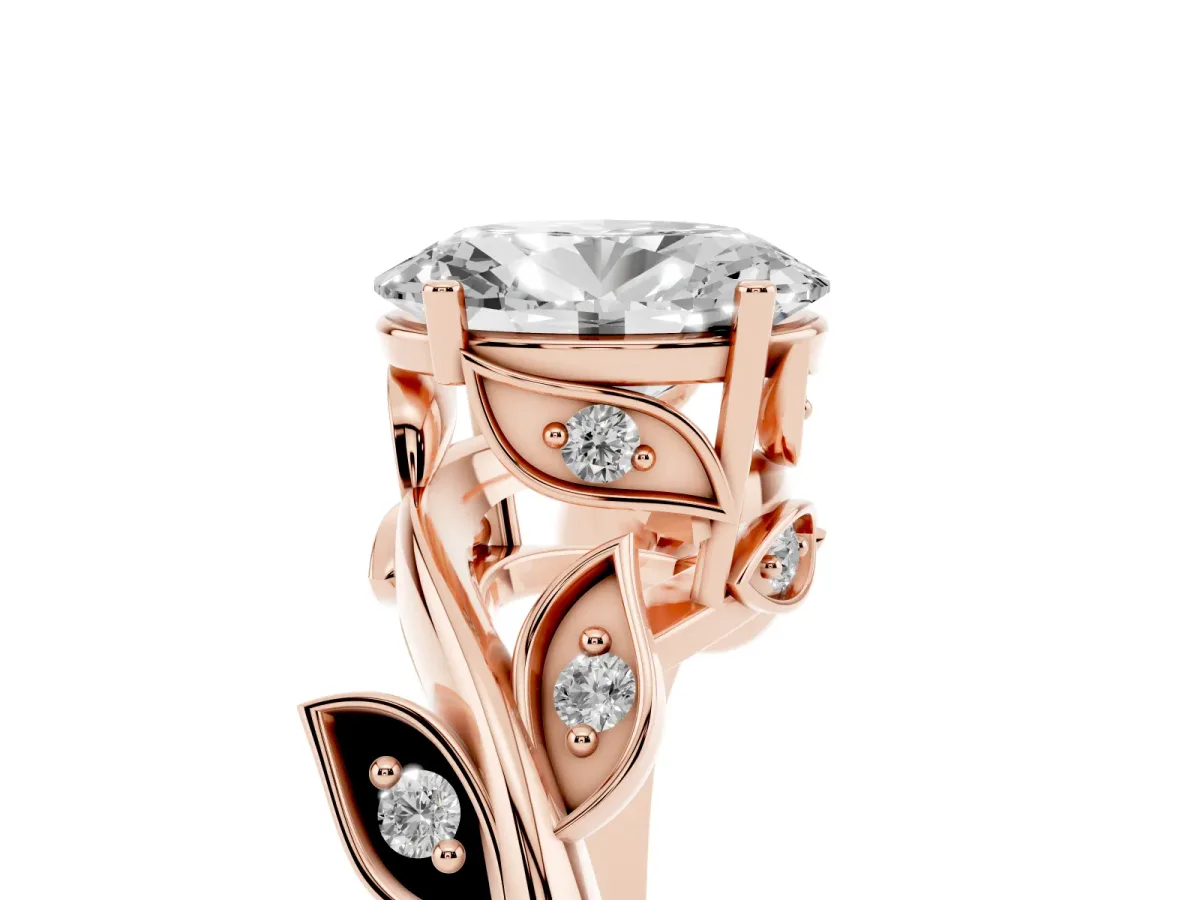 Oval Cut Solitaire Twist Engagement Ring with Leaf Accents and Prong Setting Rose gold