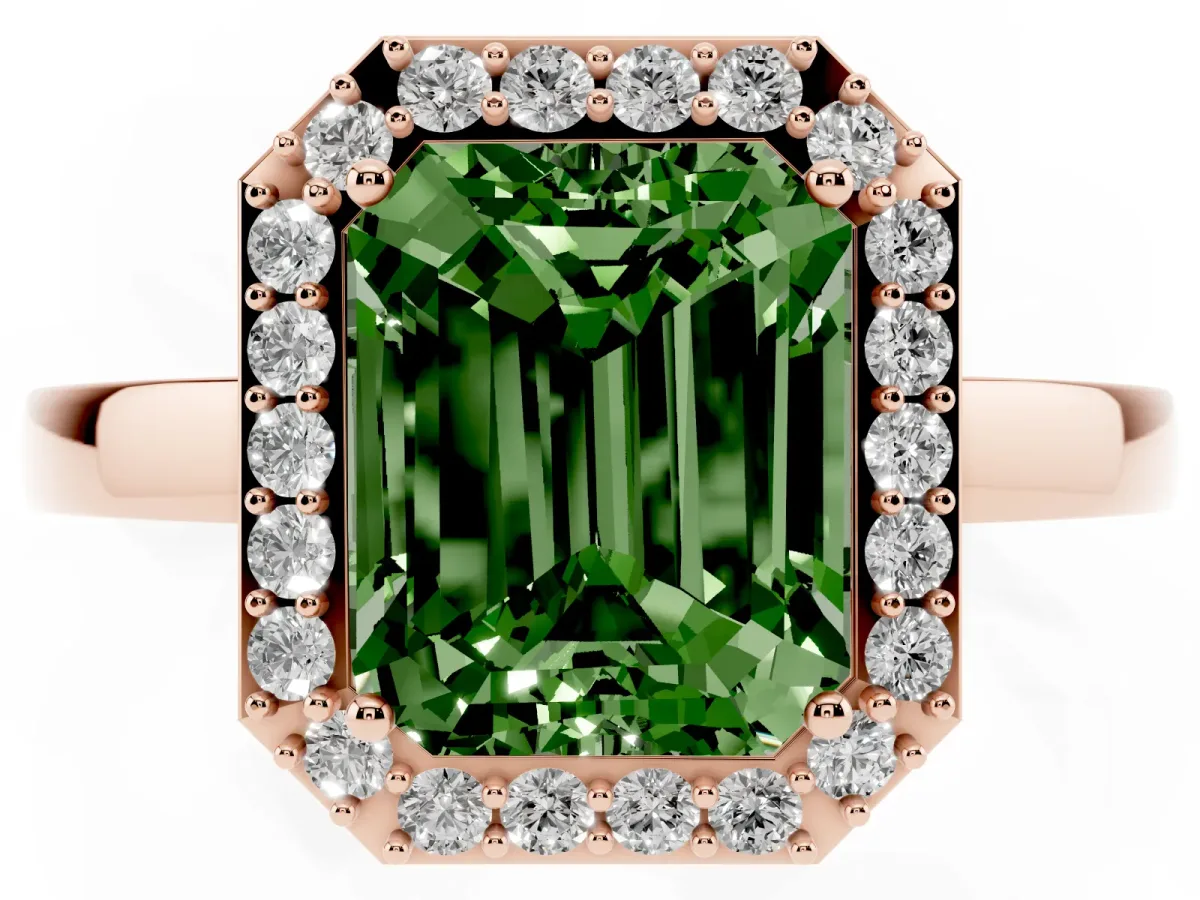Fancy Green Radiant Cut Halo Diamond Ring with Solitaire Band and Prong Setting Rose gold