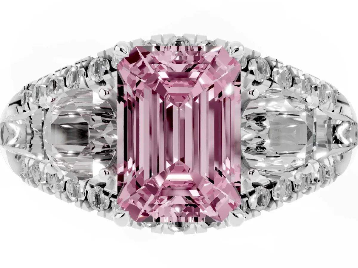 Fancy Pink Three-Stone Emerald Cut Diamond Engagement Ring with Pave Band and Prong Setting Silver