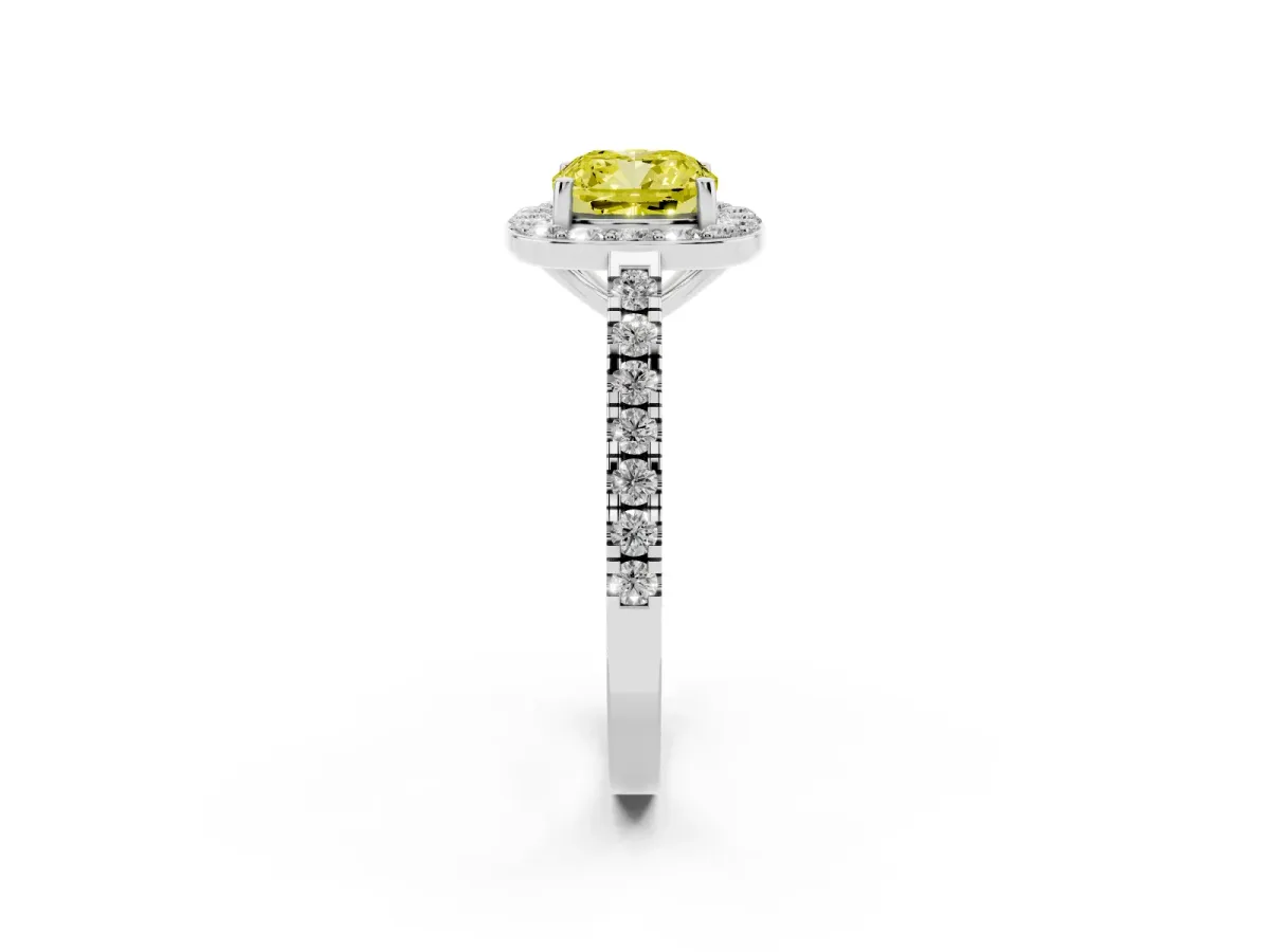 Fancy Yellow Cushion Cut Diamond Halo Ring with Round Pavé Split Shank and Prong Setting Silver