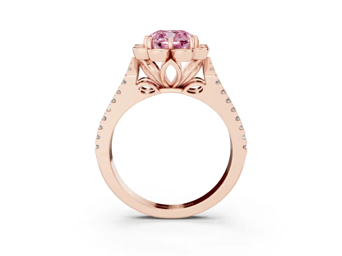 Fancy Pink Cushion Cut Halo Diamond Floral Split Shank Engagement Ring Rose gold