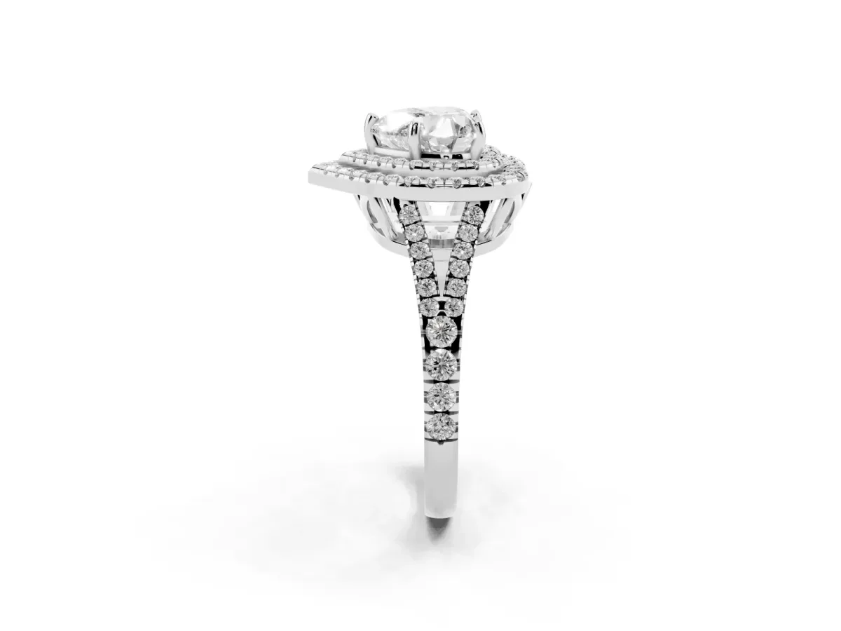Heart Cut Diamond Double Halo Ring with Pavé Band and Prong Setting White gold