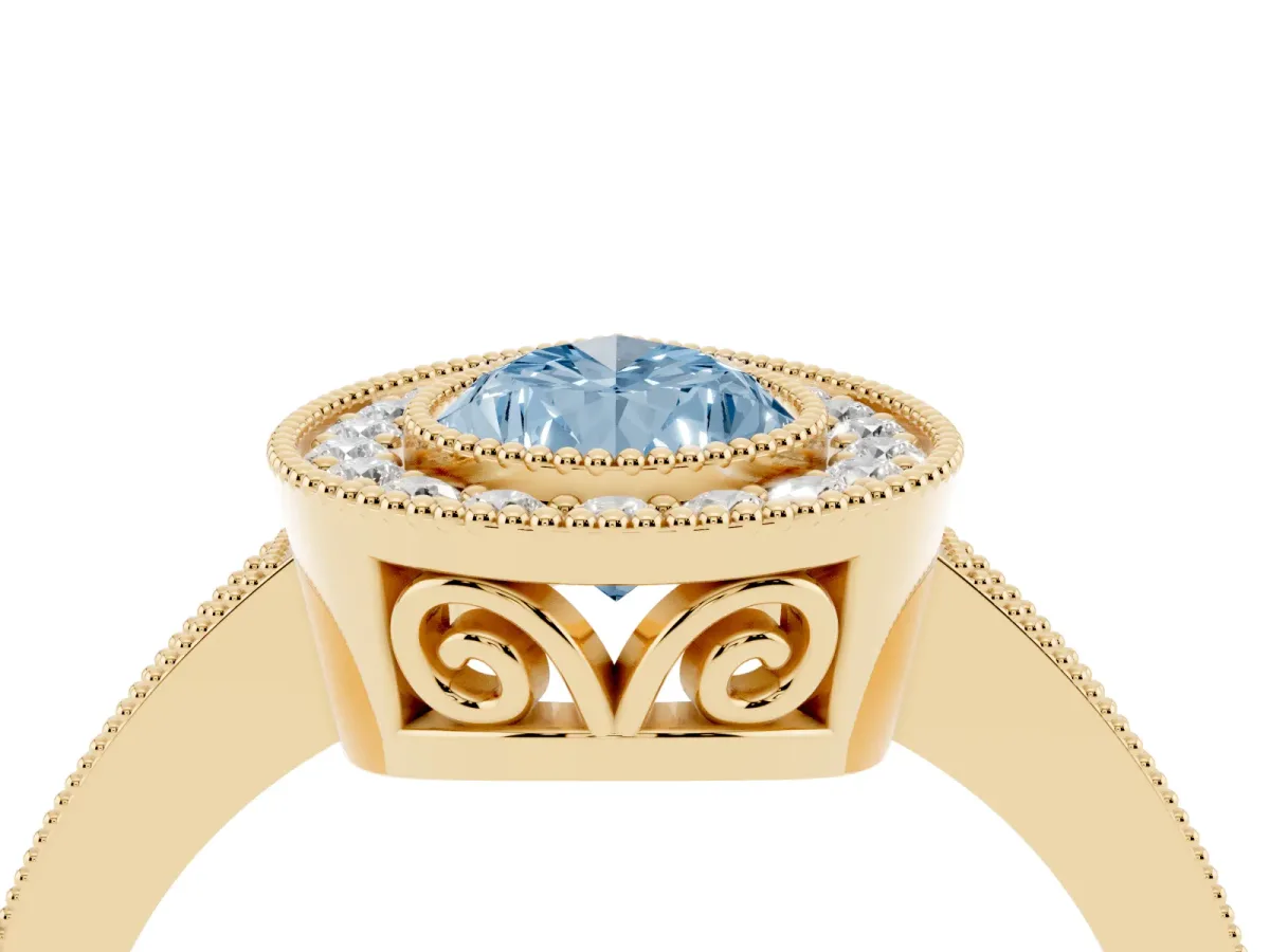 Fancy Blue Pear Cut Cut Halo Diamond Ring with Pavé Band and Milgrain Prong Setting Yellow gold