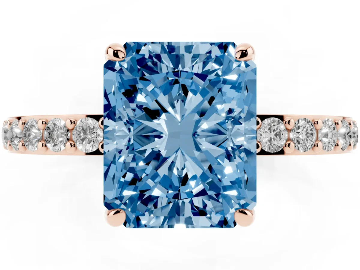 Fancy Blue Radiant Cut Diamond Pavé Engagement Ring with Round Accents and Prong Setting Rose gold
