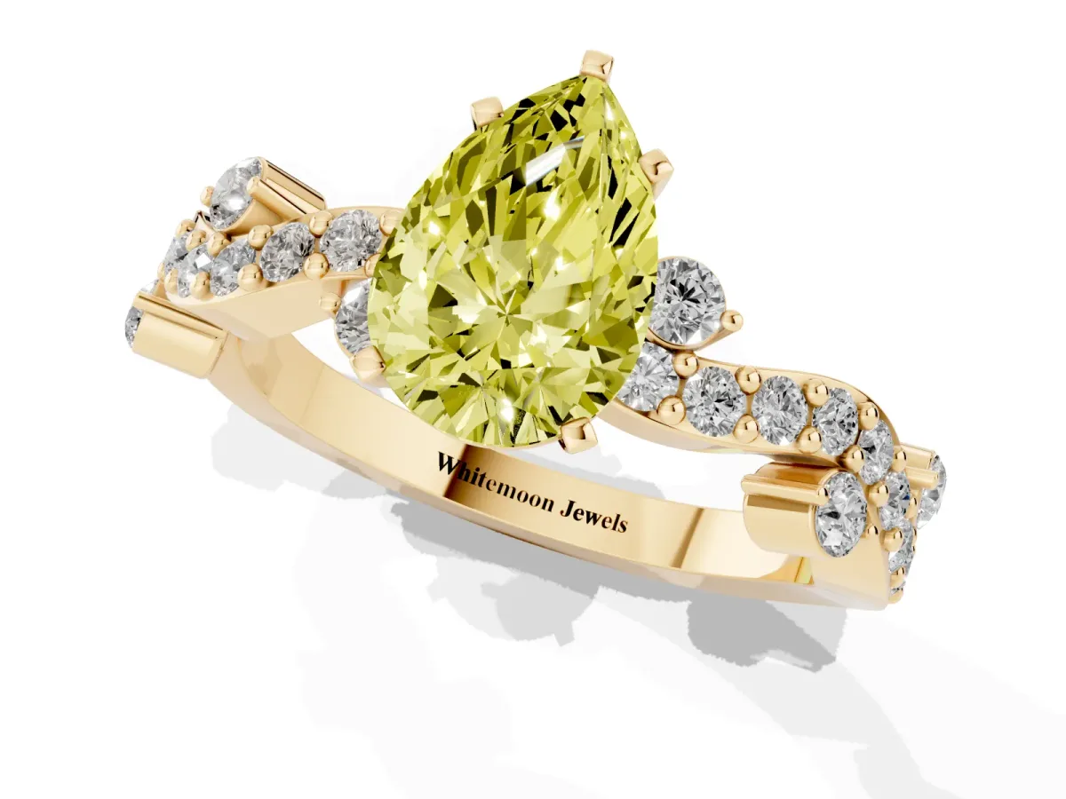 Fancy Yellow Pear Cut Cut Solitaire Diamond Twisted Band with Pave Setting Yellow gold
