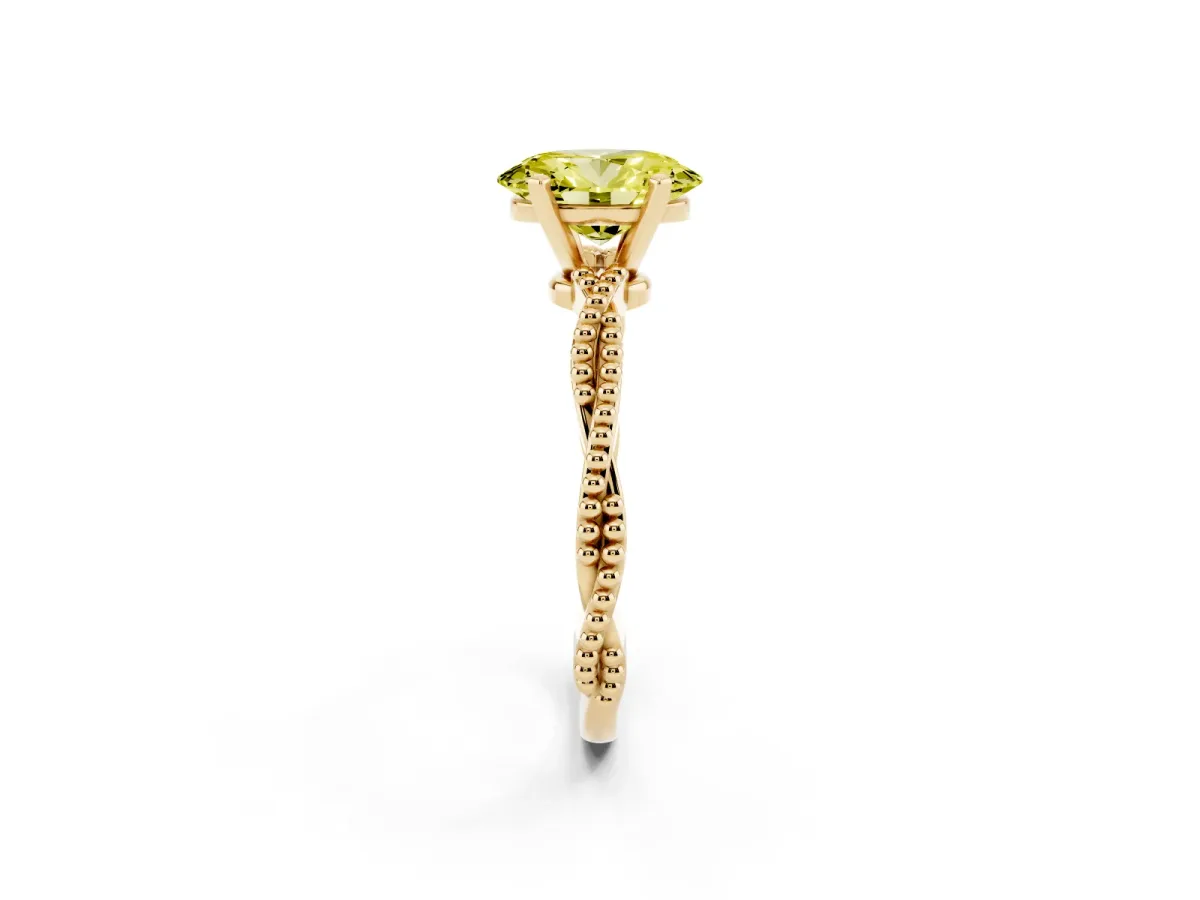 Fancy Yellow Oval Cut Solitaire Twisted Band with Bead Prong Setting Yellow gold