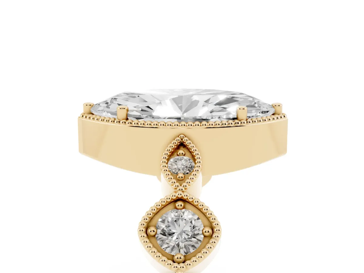 Marquise Cut Diamond Vintage Milgrain Ring with Round Stations Yellow gold