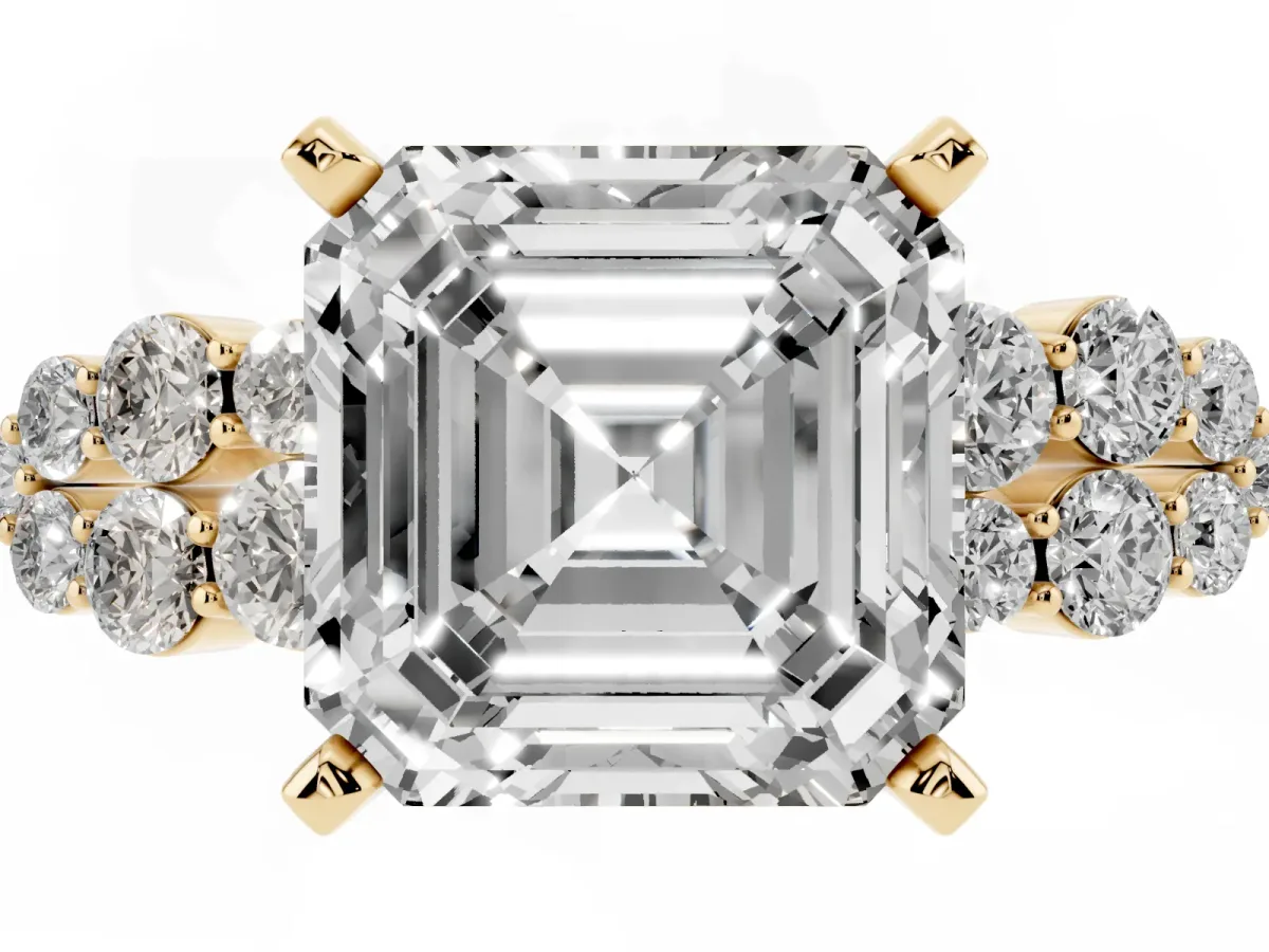 Asscher Cut Cluster Diamond Engagement Ring with Pavé Band and Four-Prong Setting Yellow gold