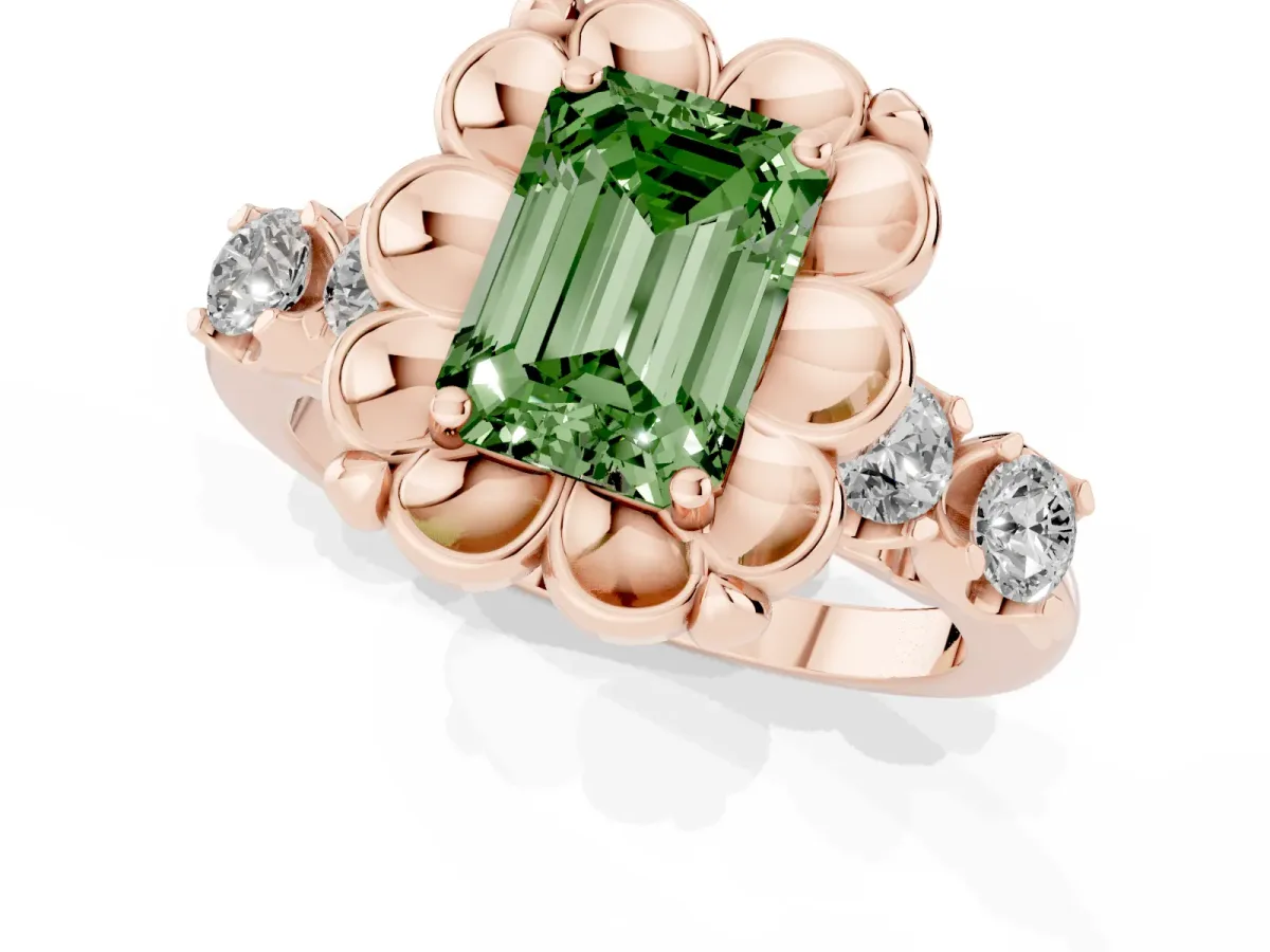 Fancy Green Emerald Cut Cut Diamond Floral Halo Engagement Ring with Shared Prong Setting Rose gold