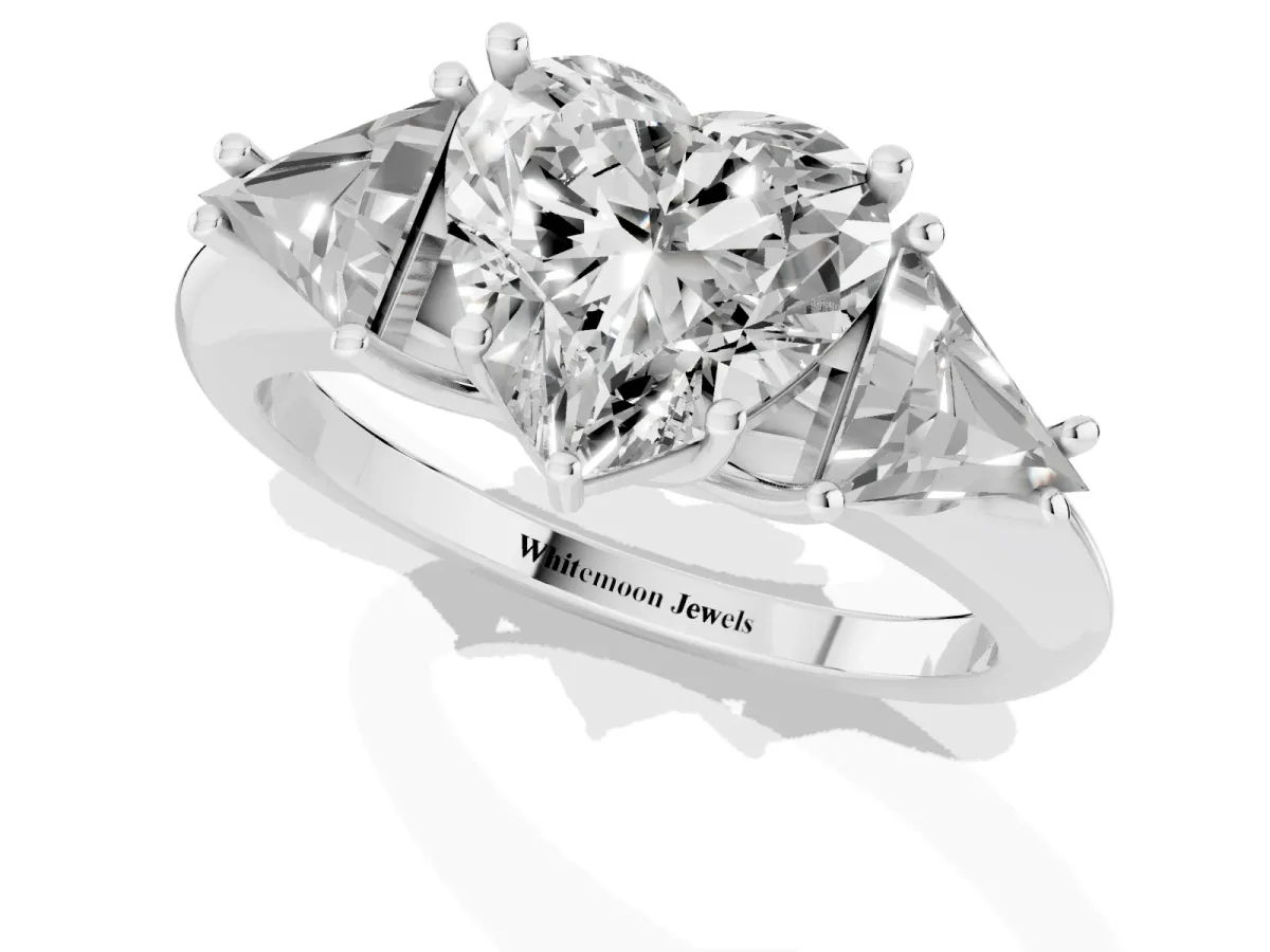 Three-Stone Heart Cut Diamond Engagement Ring with Trillion Side Stones and Prong Setting Silver