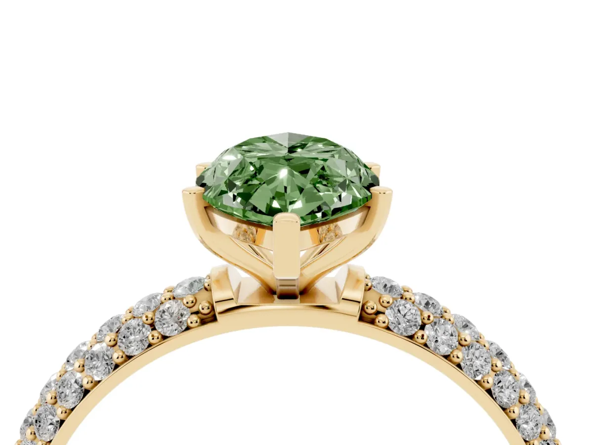 Fancy Green Marquise Cut Diamond Solitaire Ring with Prong Setting and Pavé Band Yellow gold