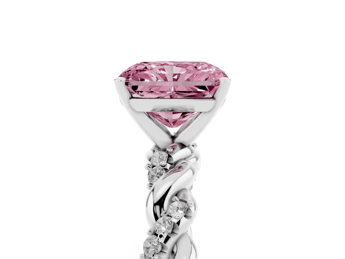 Fancy Pink Radiant Cut Diamond Solitaire Ring with Twisted Band and Pavé Accents Silver