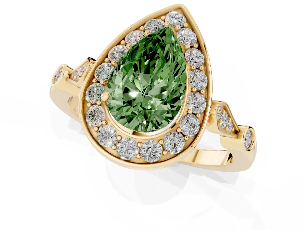 Fancy Green Pear Cut Halo Diamond Engagement Ring with Twisted Band and Four-Prong Setting Yellow gold