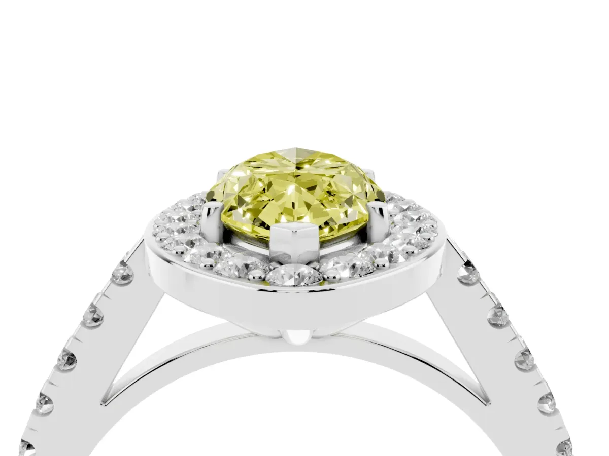 Fancy Yellow Marquise Cut Diamond Halo Ring with Round Pavé Split Shank and Prong Setting White gold