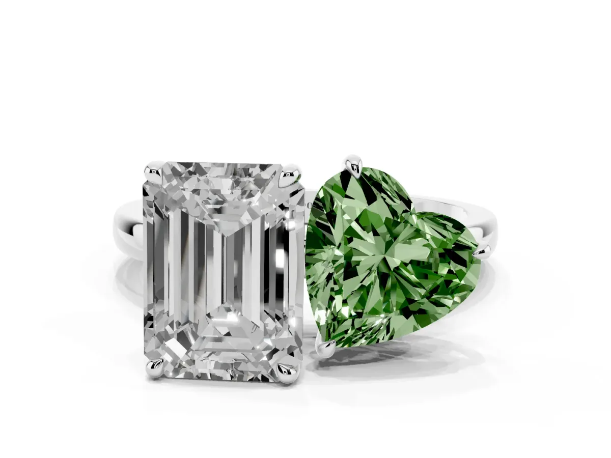 Fancy Green Heart Cut and Emerald Cut Toi Moi Ring with Prong Setting Silver