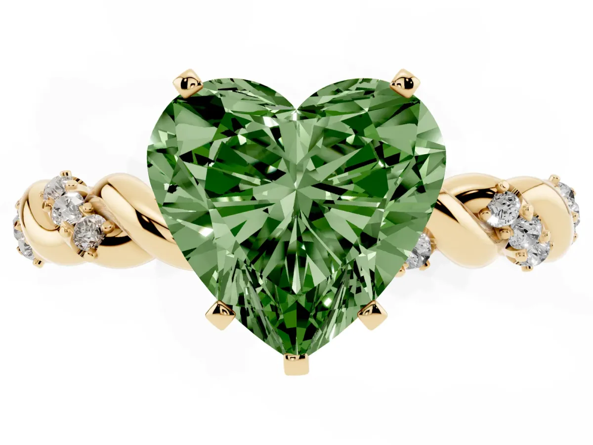 Fancy Green Heart Cut Diamond Solitaire Ring with Twisted Band and Pavé Accents Yellow gold