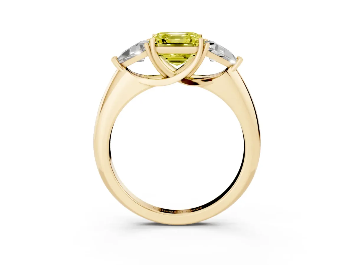 Fancy Yellow Three-Stone Asscher Cut Diamond Engagement Ring with Trillion Side Stones and Prong Setting Yellow gold