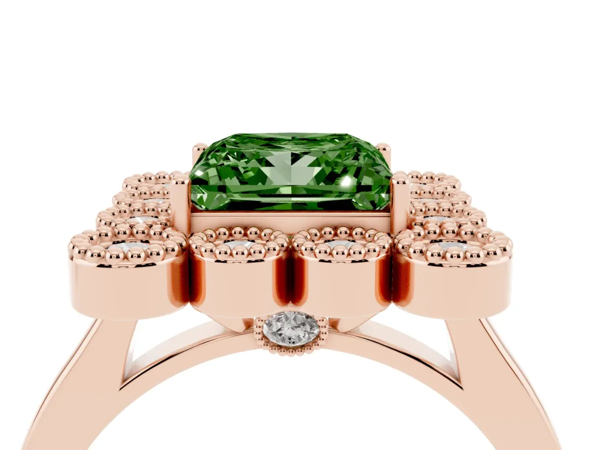 Fancy Green Princess Cut Halo Diamond Cluster Engagement Ring with Milgrain Bezel Setting and Solitaire Band Rose gold