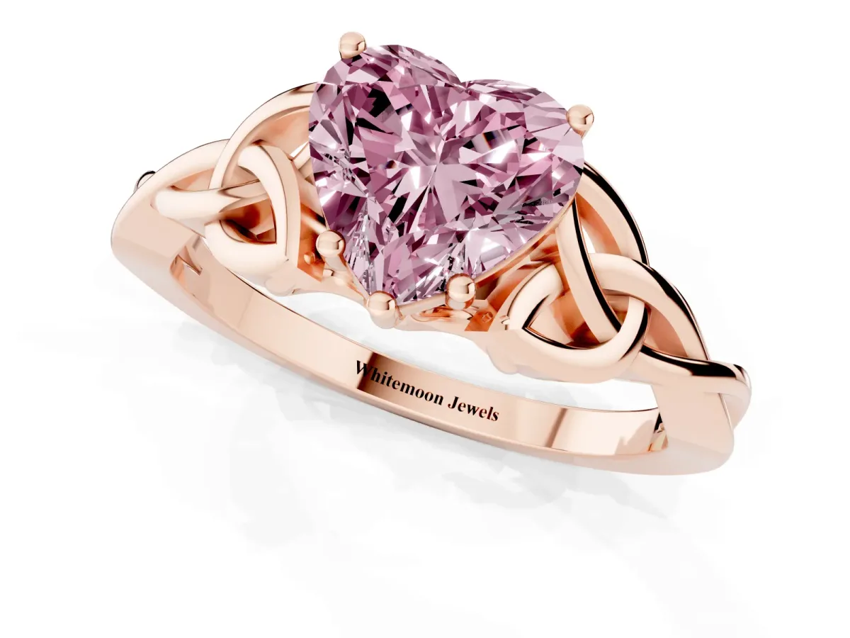 Fancy Pink Heart Cut Diamond Solitaire Engagement Ring with Celtic Knot Band and Four-Prong Setting Rose gold