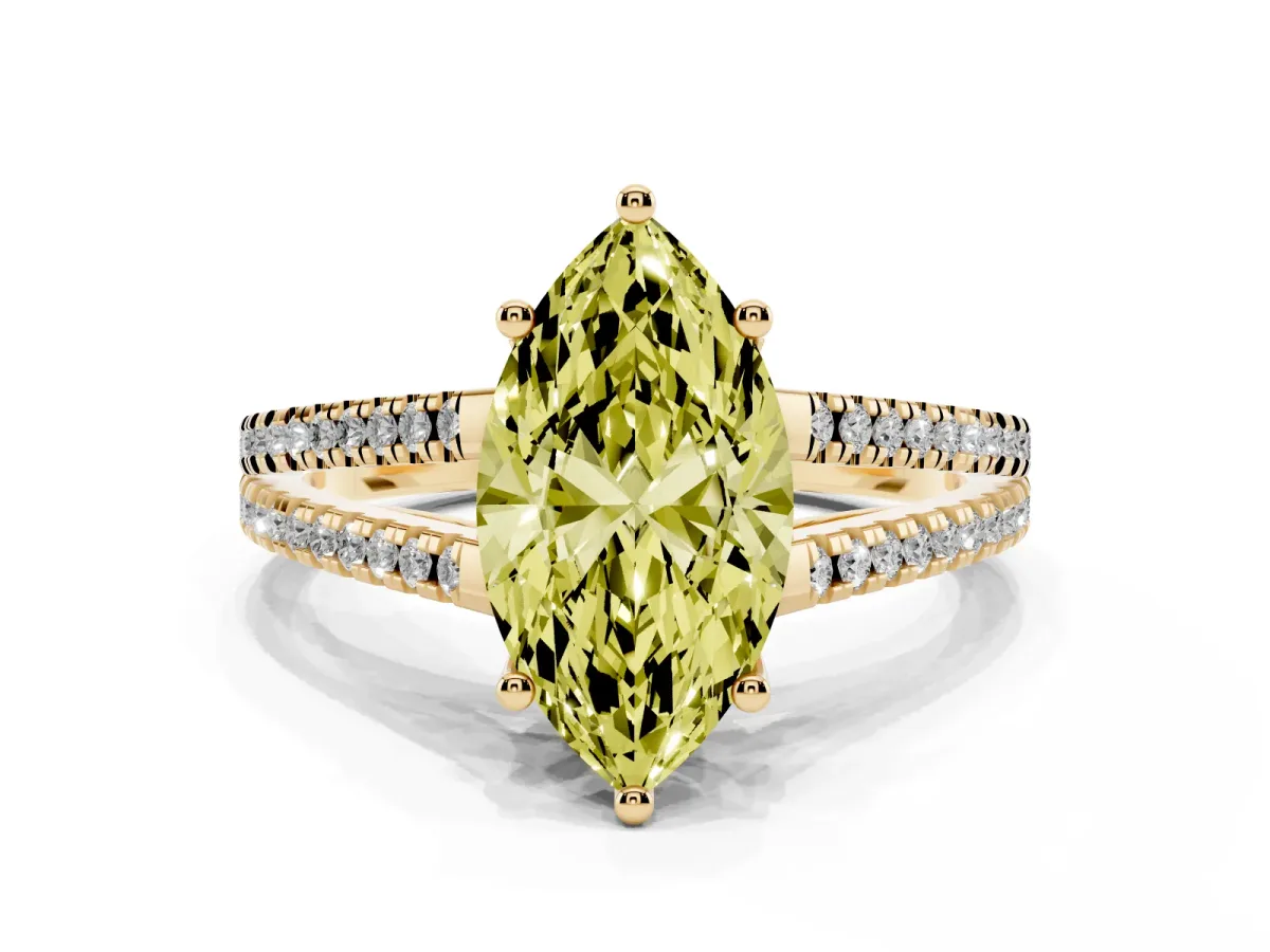 Fancy Yellow Marquise Cut Diamond Solitaire Engagement Ring with Split Shank Pavé Band Yellow gold