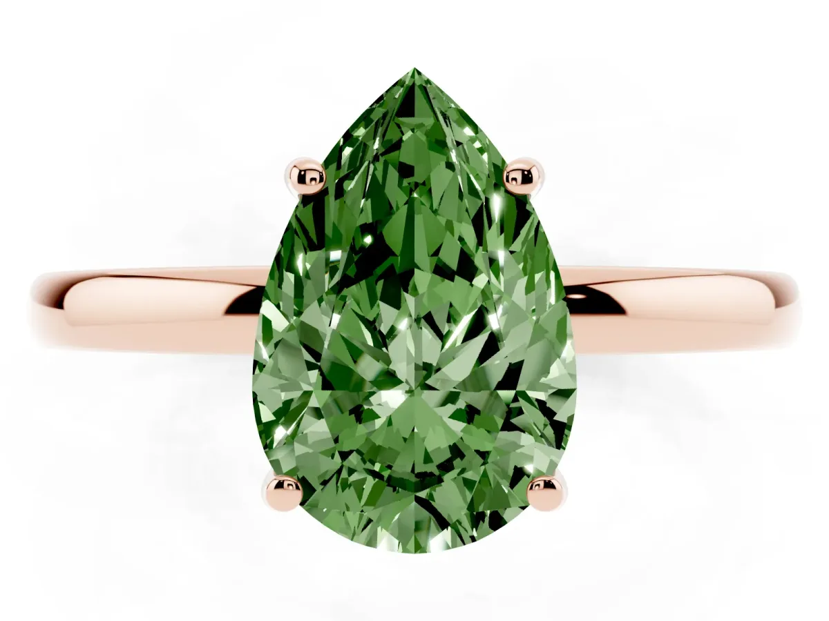 Fancy Green Pear Cut Solitaire Diamond Ring with Prong Setting and Plain Band Rose gold