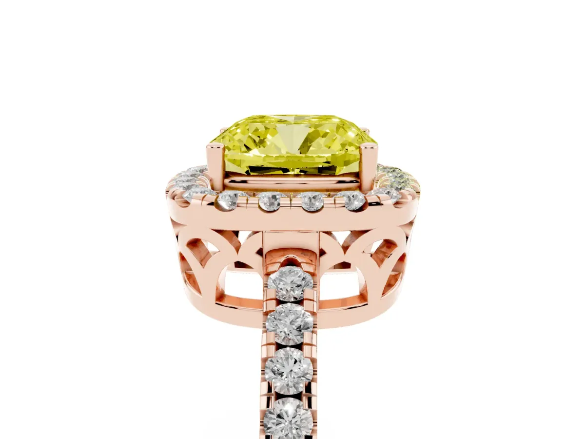 Fancy Yellow Cushion Cut Halo Diamond Engagement Ring with Pavé Band and Four-Prong Setting Rose gold